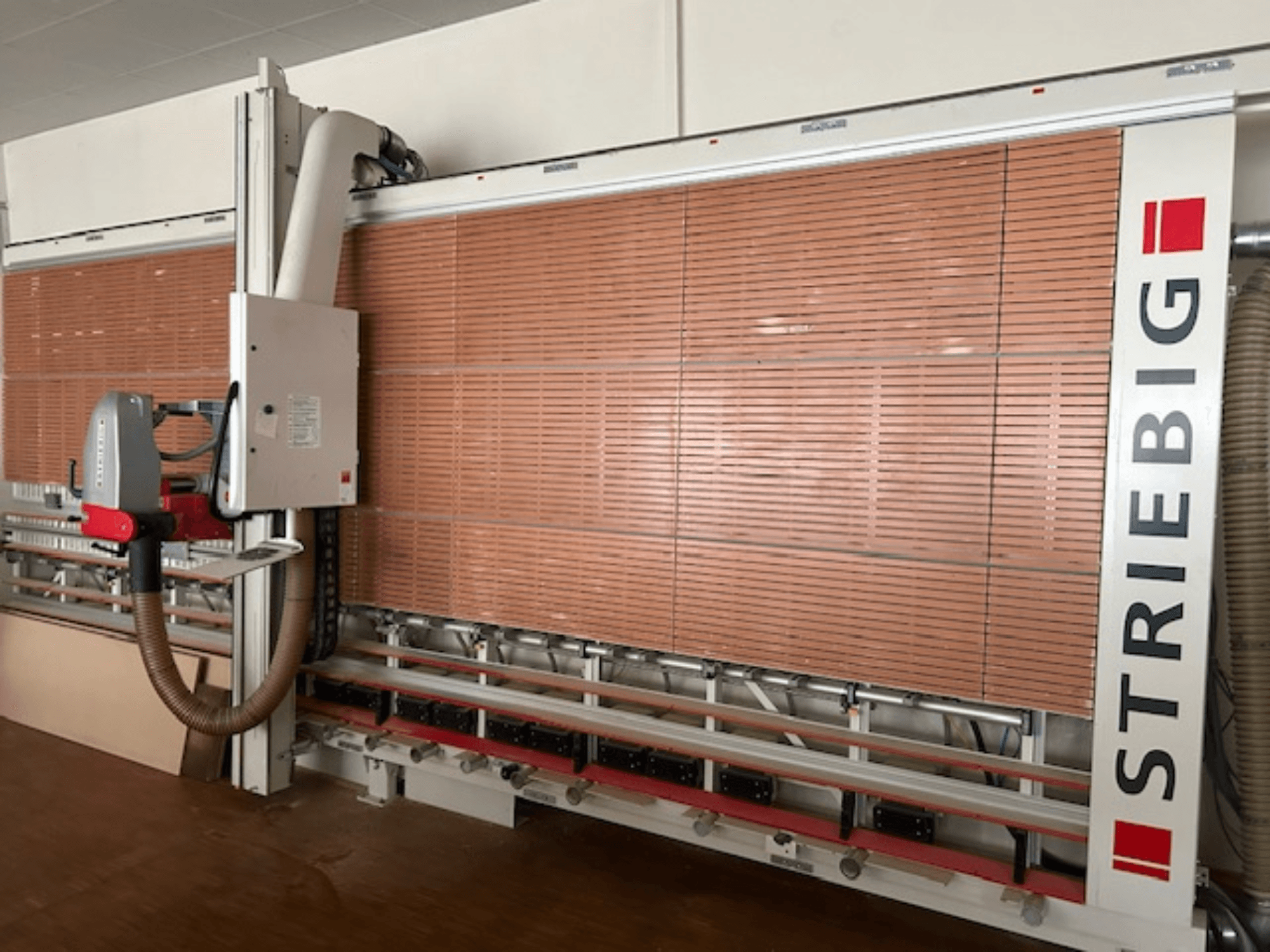 Sierra vertical para tableros Striebig en vista lateral, con cabezal motorizado, hojas de corte para tableros de madera y sistema de aspiración de polvo.