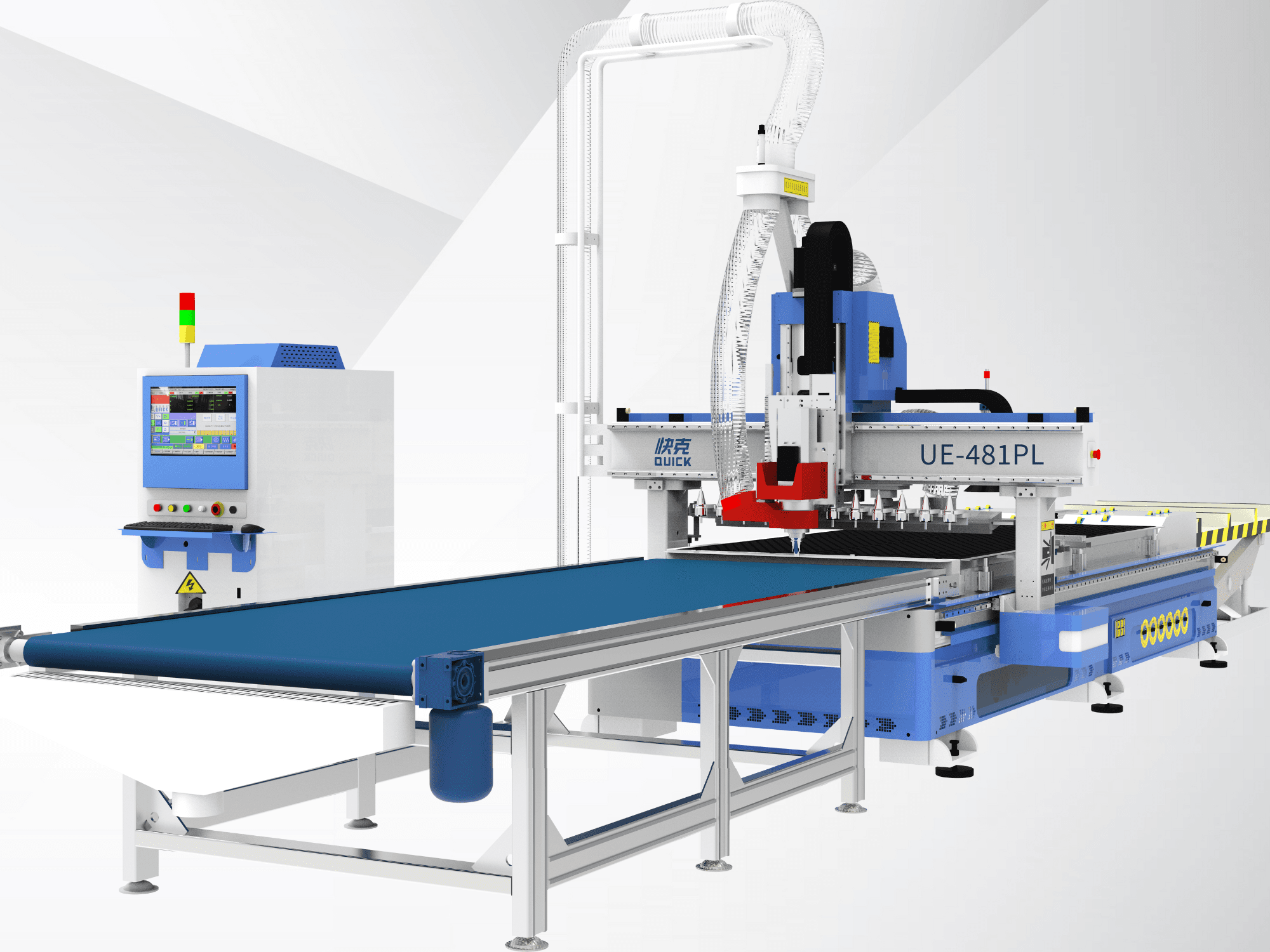 Blue Quick UE-481PL CNC machine with touch screen control, front view, featuring a conveyor belt and multiple cutting heads.